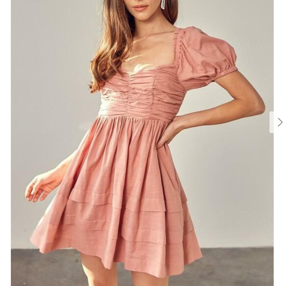 NWT Mustard Seed 'Latte' ruched pleated tiered 3/4 sleeve dress size S - Picture 3 of 7